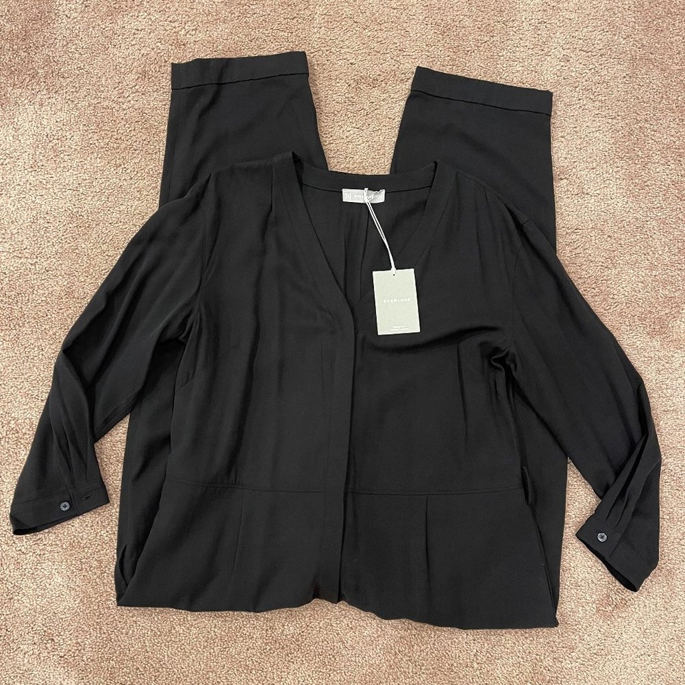 NEW Everlane Jumpsuit Black Cropped Leg Button Up 3/4 Sleeve 100% Lyocell Sz 16
